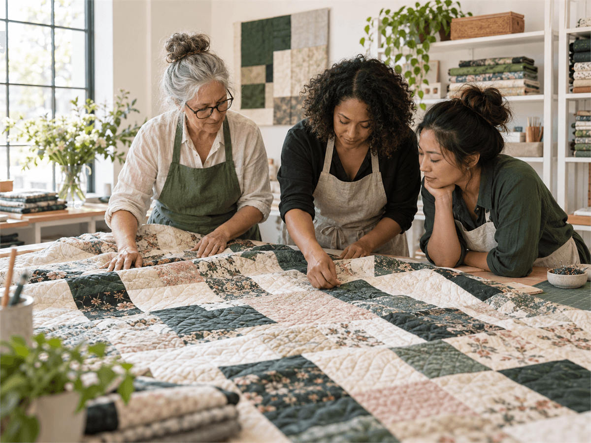 The MemoryGuard team collaborating around a memorial quilt