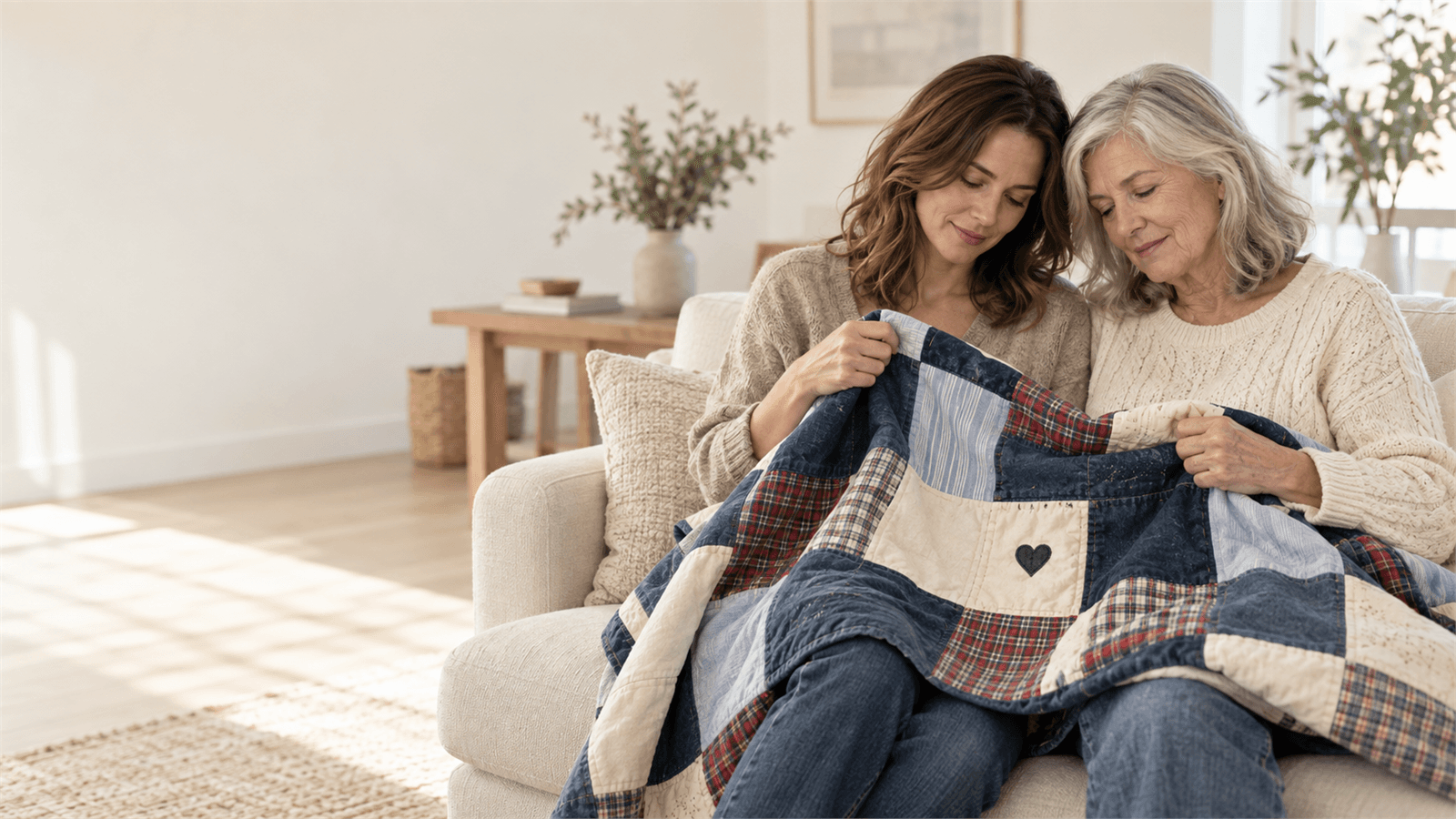 A mother and daughter sharing a handcrafted memorial quilt