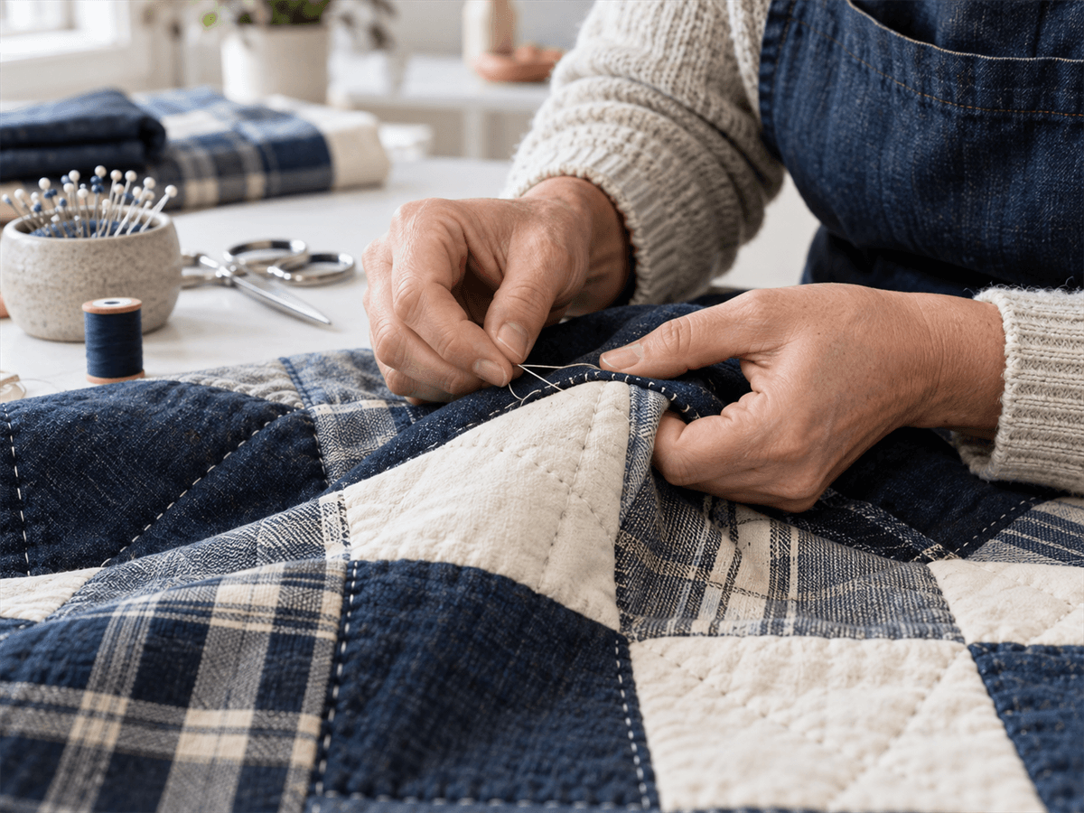 Hands carefully finishing a memorial quilt in a bright studio
